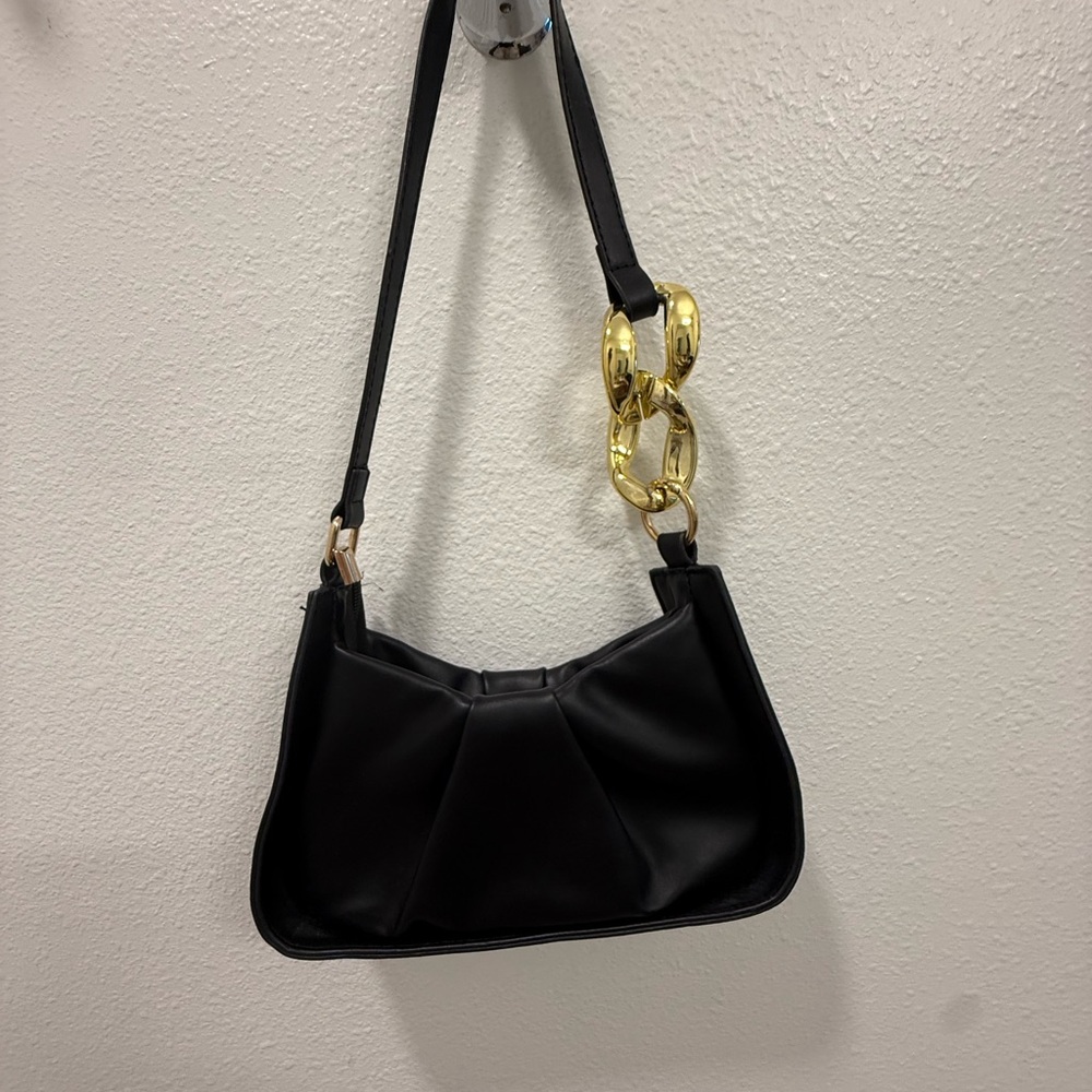Black Shoulder Bag with Gold Chain Detail